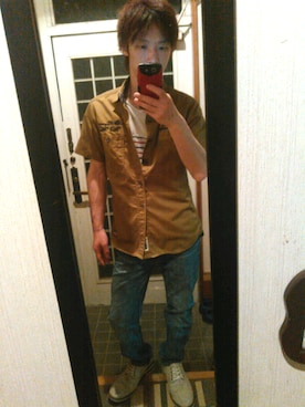 「Dickies（ディッキーズ）のアイテム（シャツ/ブラウス、ベージュ系）」を使った、LINEスタンプ制作者さん（メンズ・162cm）の夏コーディネート