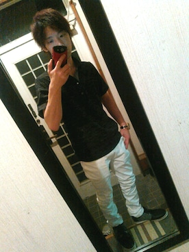 「NAVY（ネイビー）のアイテム（ポロシャツ、ブルー系）」を使った、LINEスタンプ制作者さん（メンズ・162cm）の夏コーディネート