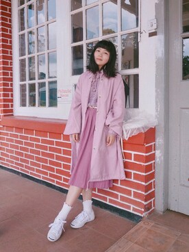 「アイテム（モッズコート、ピンク系）」を使った、曾开心さん（レディース・158cm）の春コーディネート