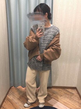 「リブニット」｜「アイテム（MA-1）」を使った、てぃ。さん（レディース・156cm）の冬コーディネート