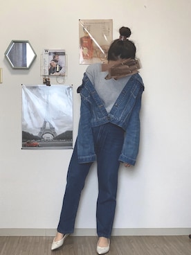 「UNIQLO（ユニクロ）のワッフルVネックT（長袖）（Tシャツ/カットソー）」を使った、てぃ。さん（レディース・157cm）の春コーディネート