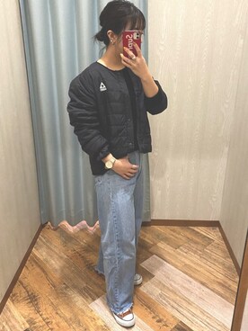 「GERRY（ジェリー）の別注GERRY(ジェリー)キルトジャケット_ウォッシャブル 大人（ダウンジャケット/コート、ブラック系）」を使った、てぃ。さん（レディース・158cm）の秋コーディネート