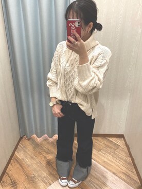 「LIAN（リアン）の3Gケーブルオフタートルプルオーバー（ニット/セーター、ホワイト系）」を使った、てぃ。さん（レディース・158cm）の秋コーディネート