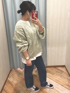 「INGNI（イング）のケーブルスキッパーニット（ニット/セーター、グリーン系）」を使った、てぃ。さん（レディース・158cm）の秋コーディネート