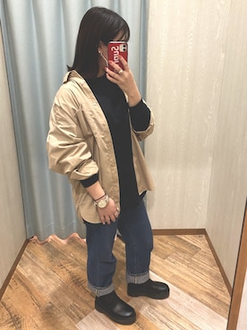 「UNIQLO（ユニクロ）のクルーネックＴ（長袖）（Tシャツ/カットソー、ブラック系）」を使った、てぃ。さん（レディース・158cm）の秋コーディネート