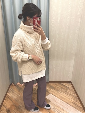 「LIAN（リアン）の3Gケーブルオフタートルプルオーバー（ニット/セーター、ホワイト系）」を使った、てぃ。さん（レディース・158cm）の秋コーディネート
