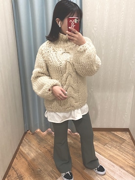 「no brand（ノーブランド）のアイテム（ニット/セーター、ベージュ系）」を使った、てぃ。さん（レディース・158cm）の冬コーディネート