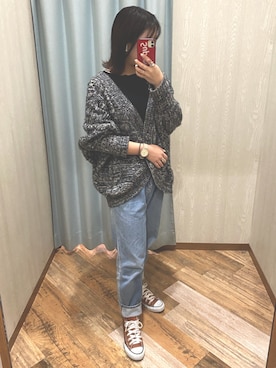 「ニットカーディガン」｜「アイテム（ライダースジャケット）」を使った、てぃ。さん（レディース・157cm）の冬コーディネート