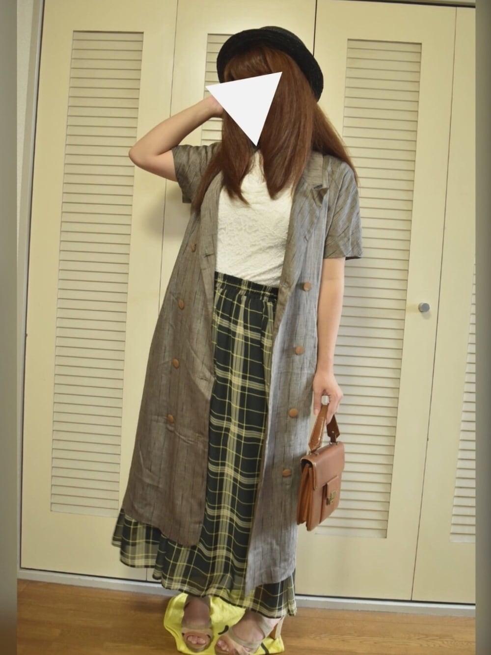 「summer、ワイドパンツ、チェック、チェックパンツ、カンカン帽、帽子、used、古着MIX、古着、レーストップス」｜「niko and...のオリジナルシフォンチェックワイドパンツ【niko and ...】（その他パンツ、グリーン系）」を使った、みみさん（レディース・158cm）の夏コーディネートの1枚目の写真