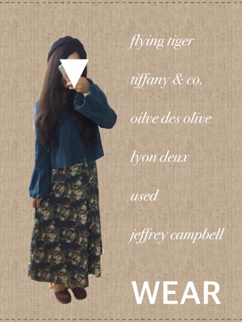 「秋コーデ、ベレー帽、ロングスカート、used mix、花柄スカート、JEFFREY CAMPBELL」｜「TIFFANY&Co.のアイテム（ネックレス、シルバー系）」を使った、みみさん（レディース・158cm）の秋コーディネートの1枚目の写真