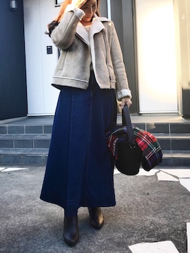 「GU（ジーユー）のアイテム（ムートンコート）」を使った、あっきーなさん（レディース・156cm）の冬コーディネート