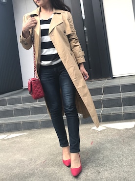 「ボーダーニット」｜「アイテム（トレンチコート）」を使った、あっきーなさん（レディース・156cm）の春コーディネート