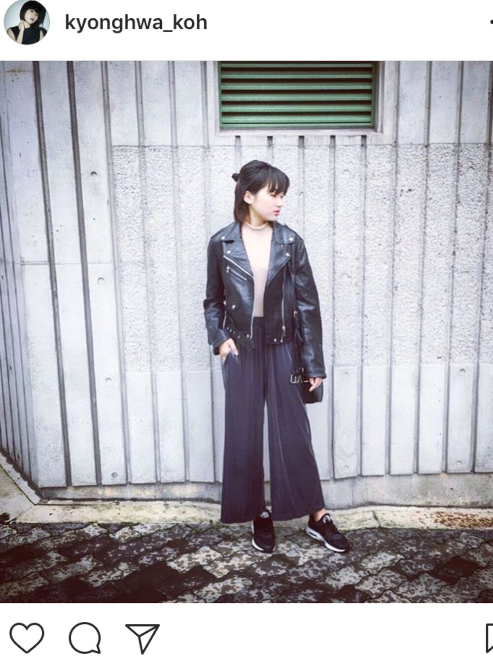 「ライダース、ライダースジャケット、サムライヘアー、ワイドパンツ、ユニクロ、ベルシュカ、ナイキエアマックス、cool」｜「Bershkaのアイテム（ライダースジャケット、ブラック系）」を使った、KAOさん（レディース・171cm）の秋コーディネートの1枚目の写真