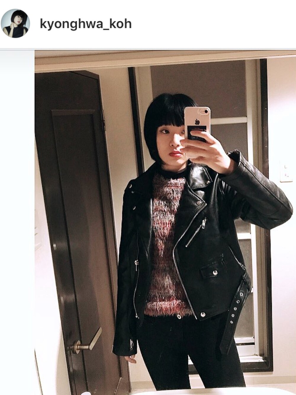 「レッド、赤、ライダース、ロック、パンク、ブラック」｜「Bershkaのアイテム（ライダースジャケット、ブラック系）」を使った、KAOさん（レディース・171cm）の冬コーディネートの1枚目の写真
