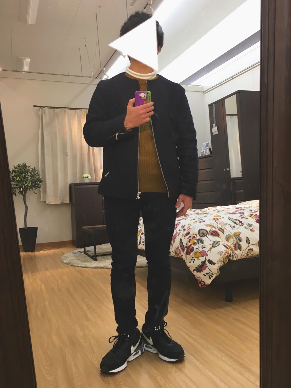 「ノーカラージャケット、GU、ユニクロ、UNIQLO、U160、プチプラ、プチプラコーデ、タートルネック、GUニット」｜「HAREのウールノーカラーブルゾン(HARE)（ブルゾン、ブルー系）」を使った、じゅんじゅんさん（メンズ・160cm）の冬コーディネートの1枚目の写真