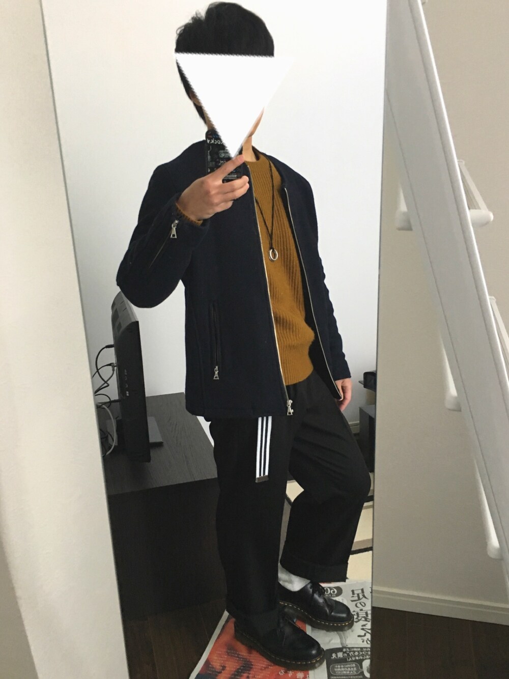 「ワイドパンツ、スラックス、ガチャベルト、GU、GUニット、U160、大学生」｜「HAREのウールノーカラーブルゾン(HARE)（ブルゾン、ブルー系）」を使った、じゅんじゅんさん（メンズ・160cm）の冬コーディネートの1枚目の写真