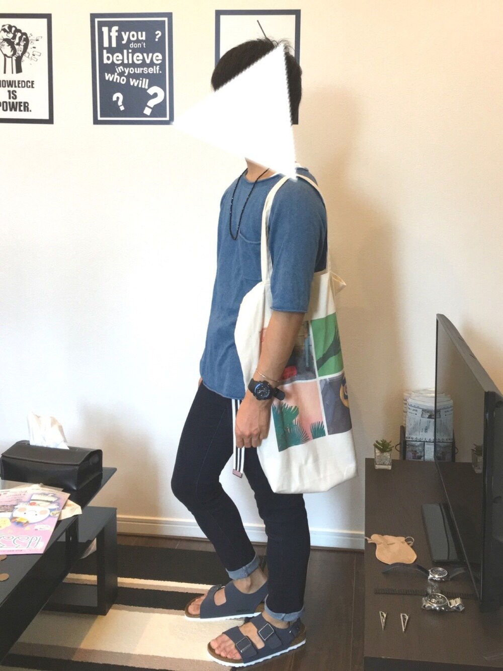 「U160、さわやか、夏、夏コーデ、UNIQLO、ポールスミス、ビルケンシュトック、birkenstock、トートバッグ」｜「CIAOPANICのアイテム（ニット/セーター、ブルー系）」を使った、じゅんじゅんさん（メンズ・160cm）の夏コーディネートの1枚目の写真