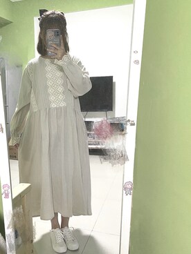 「Samansa Mos2（サマンサ モスモス）の綿麻起毛レースワンピース（ワンピース、ホワイト系）」を使った、nekoさん（レディース・162cm）の秋コーディネート