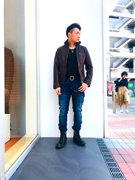 「レザーコーデ」｜「アイテム（ライダースジャケット）」を使った、Ｋ長袖愛好会さん（メンズ・170cm）の秋コーディネート