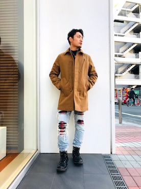 「ステンカラーコート ベージュ」｜Ｋ長袖愛好会さん（メンズ・170cm）の秋コーディネート