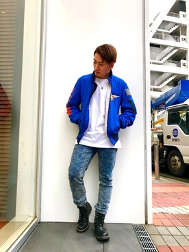 「blue」｜「アイテム（MA-1）」を使った、Ｋ長袖愛好会さん（メンズ・170cm）の冬コーディネート