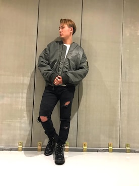 「定番」｜「アイテム（MA-1）」を使った、Ｋ長袖愛好会さん（メンズ・170cm）の冬コーディネート