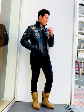 「ワッペン」｜「アイテム（ライダースジャケット）」を使った、Ｋ長袖愛好会さん（メンズ・170cm）の秋コーディネート
