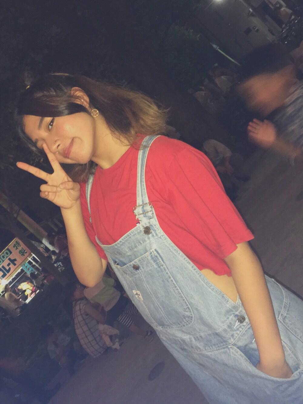 「おまつり、オーバーオール、夏、お祭り、地元コーデ」｜「TOMMY HILFIGERのアイテム（Tシャツ/カットソー、レッド系）」を使った、Mypipipiさん（レディース・164cm）の夏コーディネートの1枚目の写真
