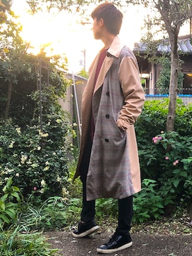 「no brand（ノーブランド）のアイテム（トレンチコート）」を使った、くにさん（メンズ・173cm）の秋コーディネート