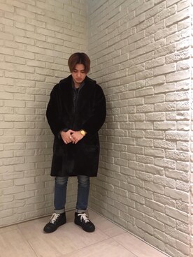 「HYSTERIC GLAMOUR（ヒステリックグラマー）のアイテム（ムートンコート）」を使った、t.さん（メンズ・165cm）の秋コーディネート