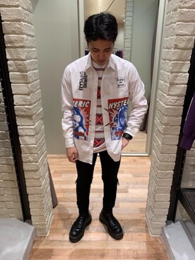 「HYSTERIC GLAMOUR（ヒステリックグラマー）のGIRLS BORDER総柄ジャカード リブ付Tシャツ（Tシャツ/カットソー）」を使った、t.さん（メンズ・165cm）の秋コーディネート