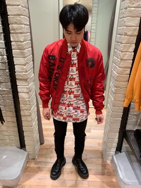 「アイテム（カバーオール、レッド系）」を使った、t.さん（メンズ・165cm）の秋コーディネート