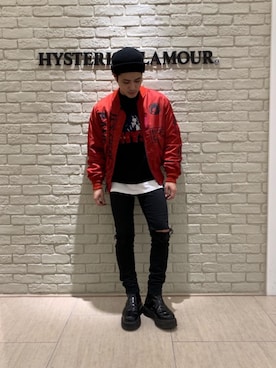 「アイテム（ミリタリージャケット、レッド系）」を使った、t.さん（メンズ・165cm）の秋コーディネート