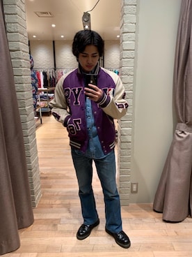 「長袖シャツ」｜「アイテム（スタジャン）」を使った、t.さん（メンズ・165cm）の秋コーディネート