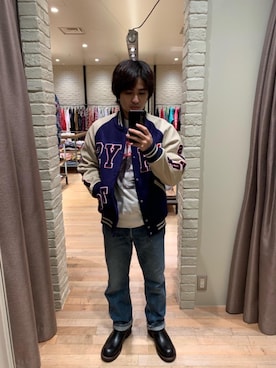 「長袖シャツ」｜「アイテム（スタジャン）」を使った、t.さん（メンズ・165cm）の秋コーディネート