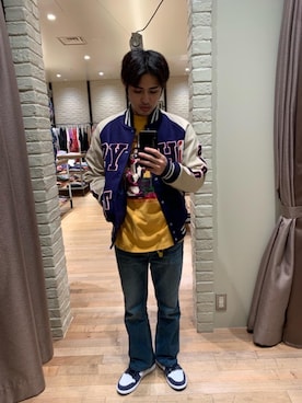 「長袖シャツ」｜「アイテム（スタジャン）」を使った、t.さん（メンズ・165cm）の秋コーディネート