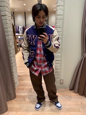 「長袖シャツ」｜「アイテム（スタジャン）」を使った、t.さん（メンズ・165cm）の秋コーディネート