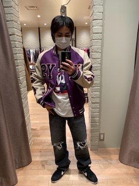 「長袖シャツ」｜「アイテム（スタジャン）」を使った、t.さん（メンズ・165cm）の秋コーディネート