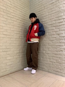 「長袖シャツ」｜「アイテム（スタジャン）」を使った、t.さん（メンズ・165cm）の冬コーディネート