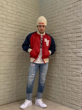 「長袖シャツ」｜「アイテム（スタジャン）」を使った、t.さん（メンズ・165cm）の冬コーディネート