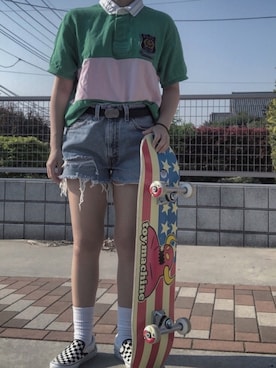 「スケボー」｜「アイテム（スリッポン）」を使った、め。さん（レディース・149cm）の春コーディネート