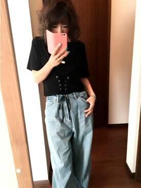 「PAGEBOY（ページボーイ）のトモリボン付きデニムワイドパンツ（デニムパンツ）」を使った、ぴょんさん（レディース・156cm）の春コーディネート