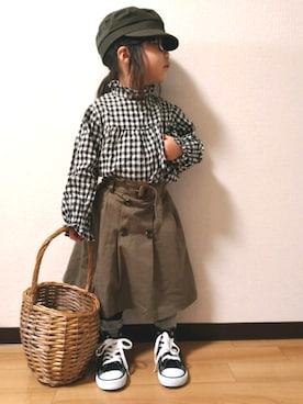 「AZUL by moussy（アズールバイマウジー）のアイテム（キャップ）」を使った、yur★takさん（キッズ・100cm）の春コーディネート