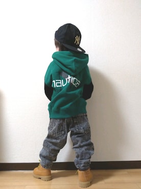 「アイテム（パーカー、グリーン系）」を使った、yur★takさん（キッズ・110cm）の冬コーディネート