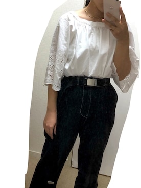 「one after another NICE CLAUP（ワンアフターアナザーナイスクラップ）のスカーフベルト付 デニムパンツ（デニムパンツ、ブラック系）」を使った、ゆいさん（レディース・149cm）の夏コーディネート