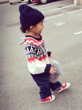 「カウチンセーター」｜「アイテム（ニットキャップ/ビーニー）」を使った、hitamuさん（キッズ・90cm）の春コーディネート