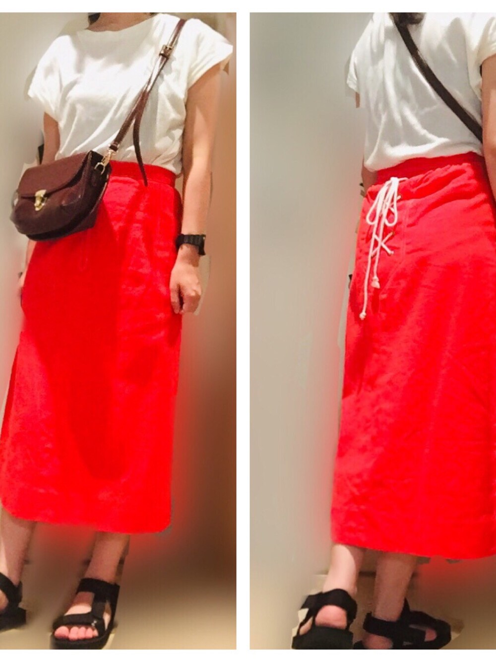 レッド系のデニムスカート、ホワイト系のTシャツ/カットソー、ブラック系のサンダルを着用したレディースの夏コーディネートの1枚目の写真