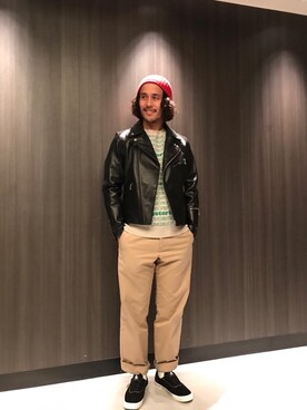 「hystericglamour」｜「アイテム（ライダースジャケット）」を使った、hyshmt01さん（メンズ・171cm）の冬コーディネート
