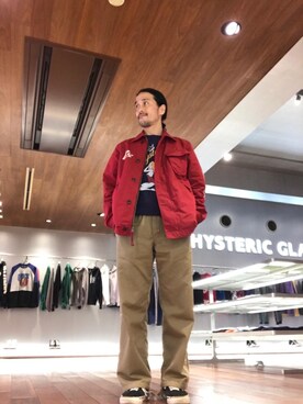 「アイテム（ミリタリージャケット、レッド系）」を使った、hyshmt01さん（メンズ・171cm）の春コーディネート