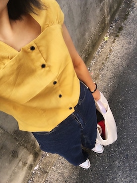 「DHOLIC（ディーホリック）のアイテム（シャツ/ブラウス、イエロー系）」を使った、ぴーさん（レディース・164cm）の夏コーディネート